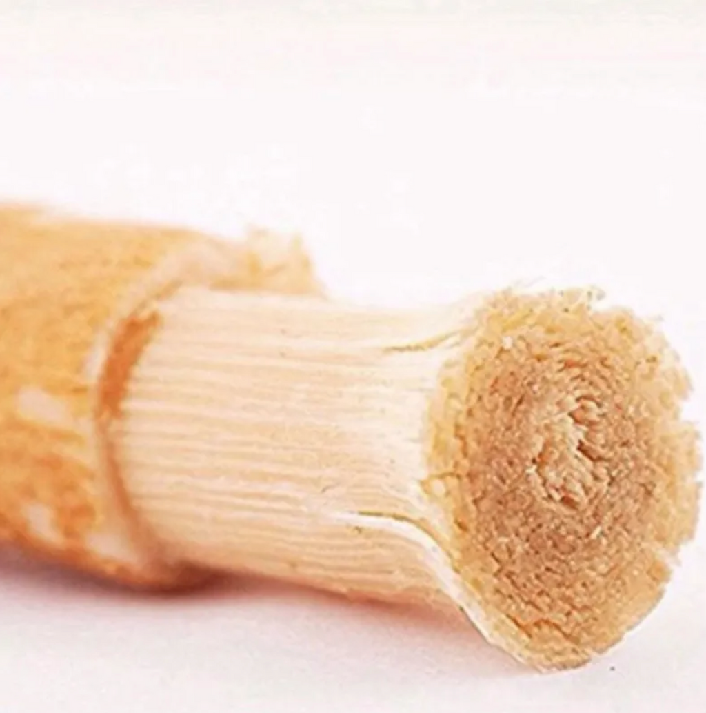 Natural miswak stick end and bristles texture, light brown wooden cleaning tip.