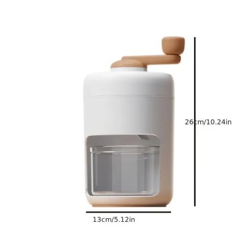 Portable shaved ice machine with clear ice container and brown top knob.