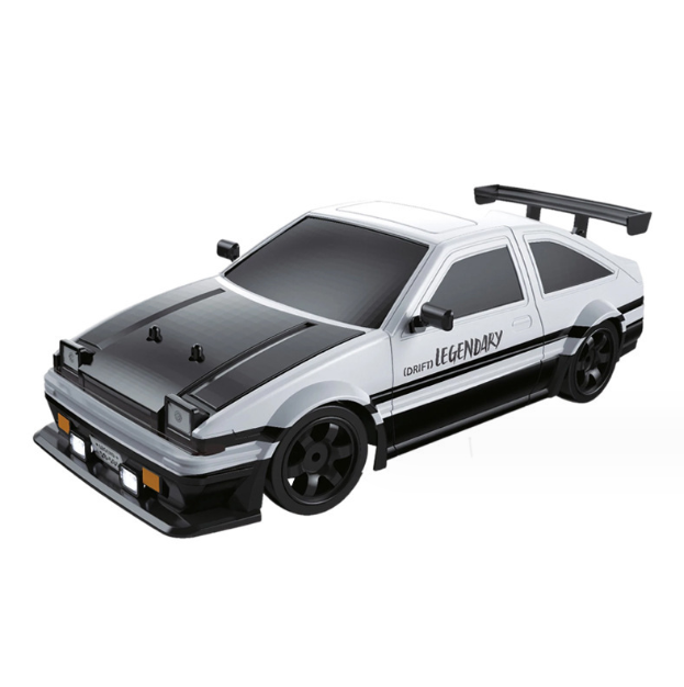 White RC drift car with black stripes, front lights and rear spoiler