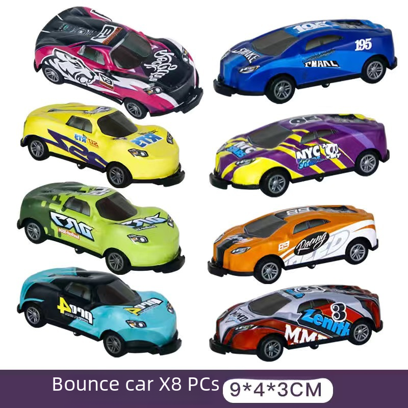 Assorted mini alloy bouncing race cars, colorful lineup on a white background