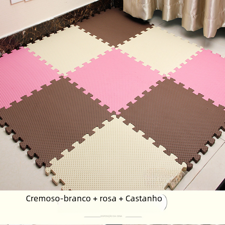 Kids foam puzzle floor mat set: cream, pink, and brown interlocking tiles