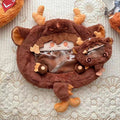 Brown plush dragon bag with sleepy face, orange paw patches, inner zip pouch