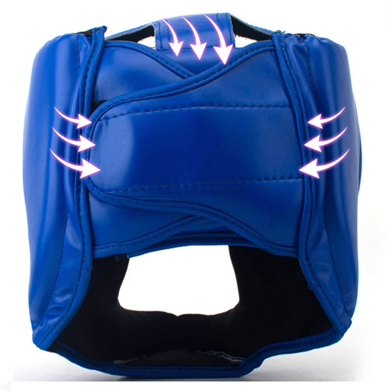 Blue headgear with padded forehead, side protection, and black inner chin opening