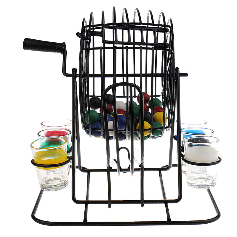 Front view of the black bingo lottery machine cage with colored balls and shot glasses