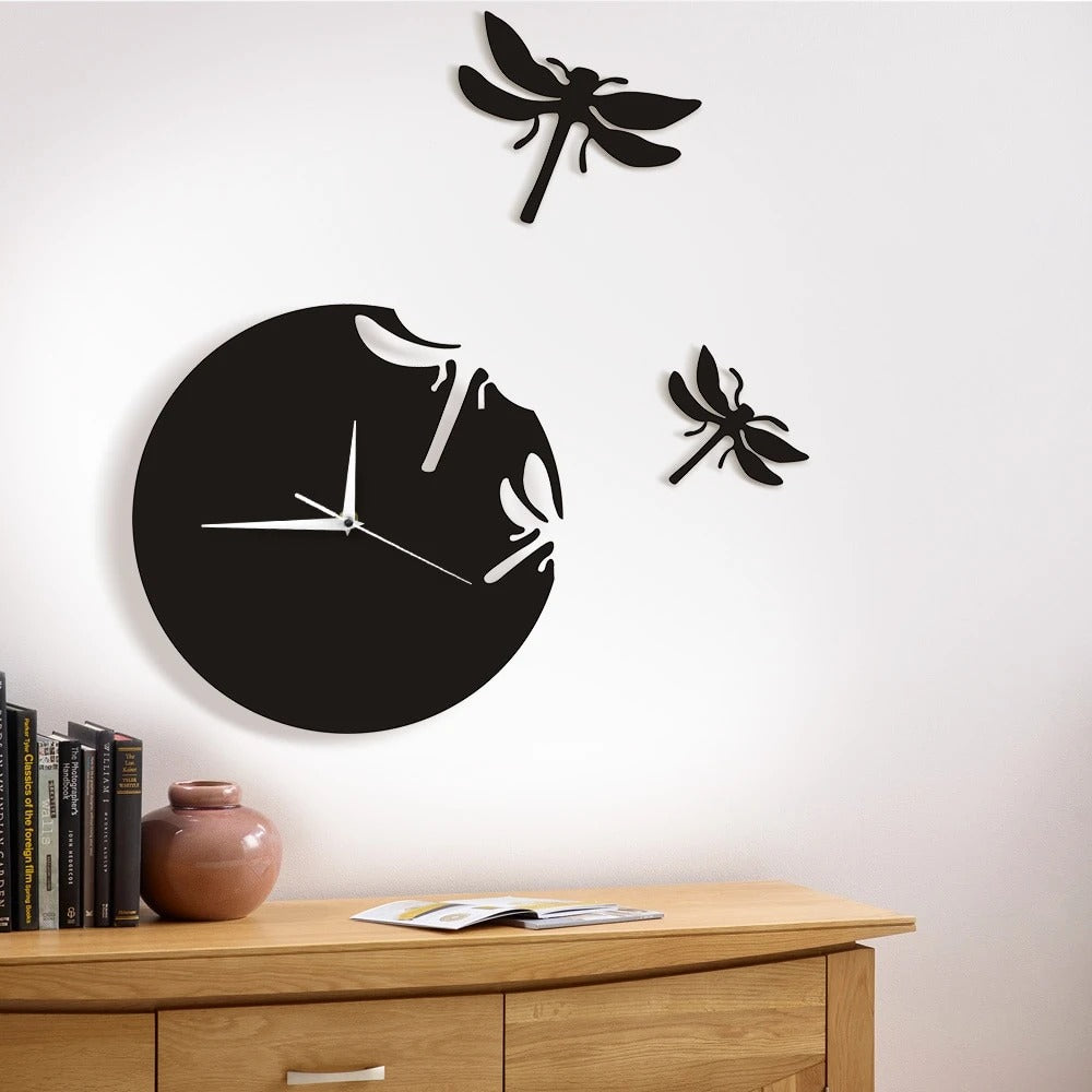 DIY acrylic dragonfly wall clock in black with dragonfly accents and three clock hands