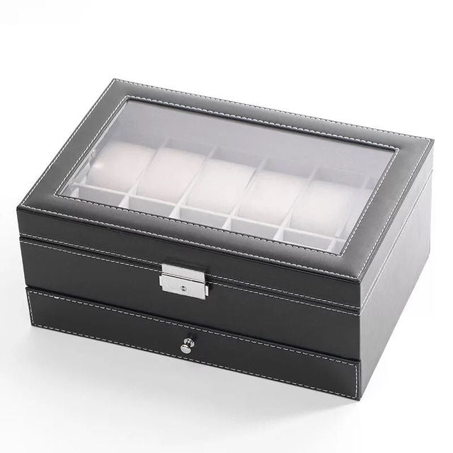 Black double-layer jewelry and watch box with open window and front clasp