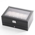 Black double-layer jewelry and watch box with open window and front clasp