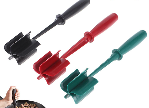 Meat Masher & Mixing Stick assortment, black, red, and green mash heads on handles
