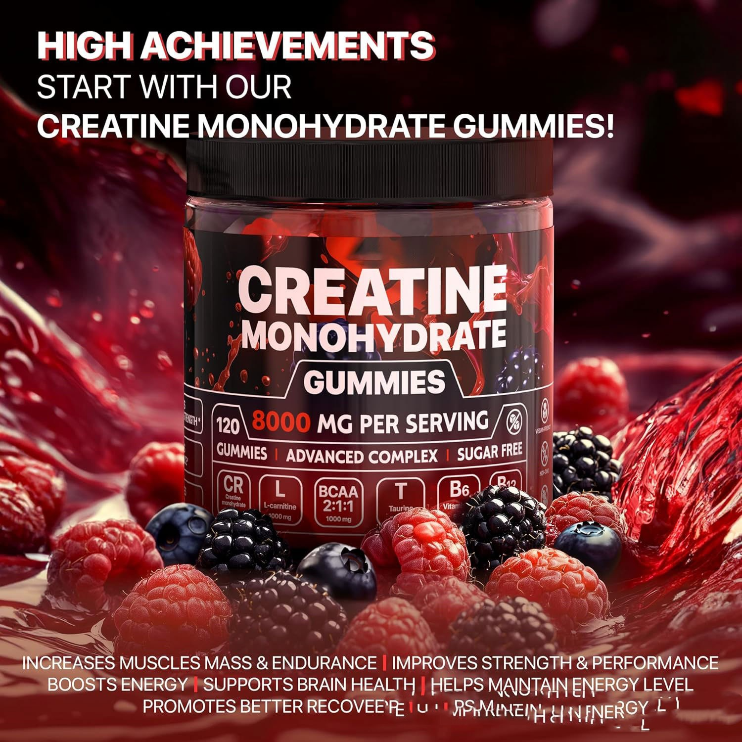 Creatine monohydrate gummies jar showing 8000 mg per serving and sugar-free