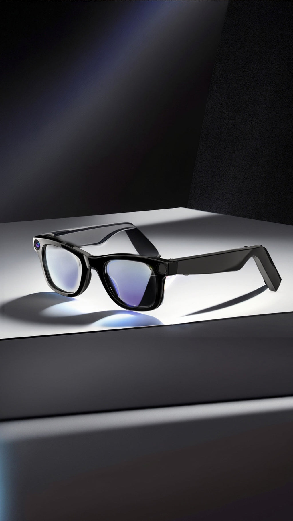 AI smart glasses with dark mirrored blue lenses and black frame, front 3/4 view
