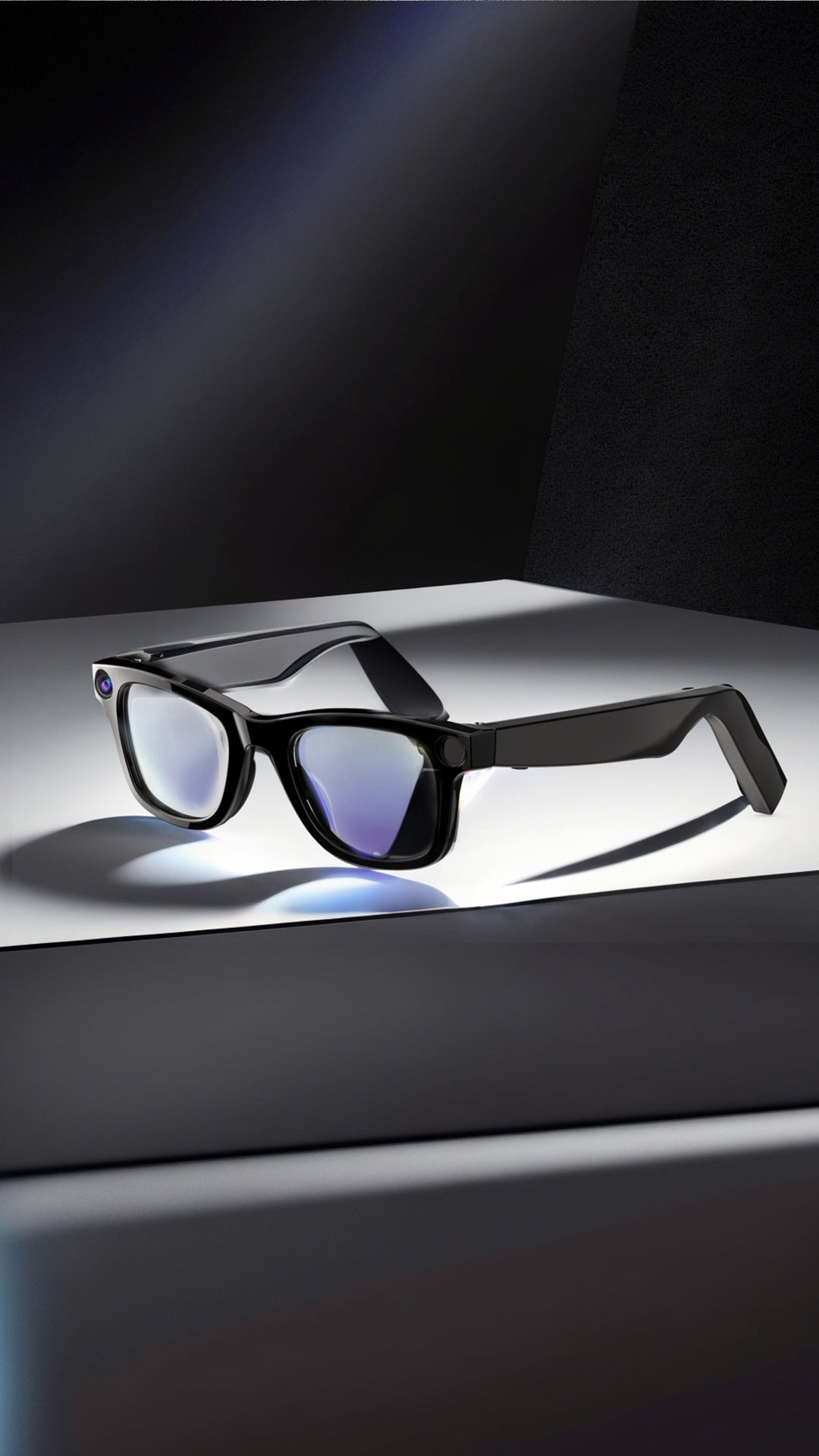 AI camera smart glasses with reflective dark lenses and black frame, front-left angle