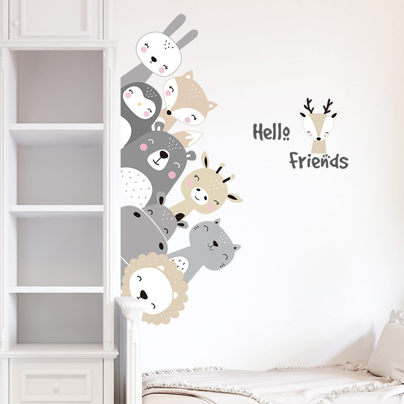 Smiling animal wall decal set with “Hello Friends” and layered woodland animal heads