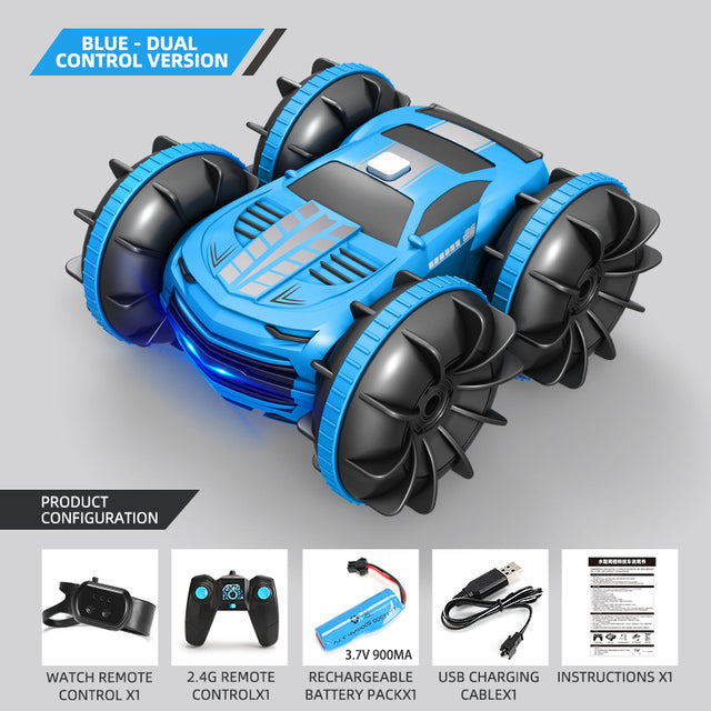 Blue 2.4G dual-control stunt car with four oversized wheels and blue LED lights