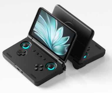 Retroid Pocket Flip2 handheld game console in black, open with OLED screen and controls