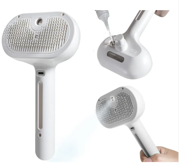 White pet hair spray brush with nozzle and wide bristle cleaning plate