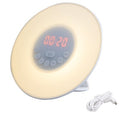 Round alarm clock radio with glowing red display, cream light, and control buttons