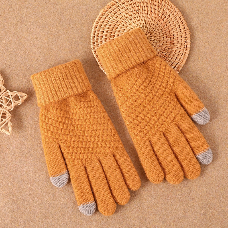 Velvet touch screen knitted gloves for women, yellow with grey inner patches
