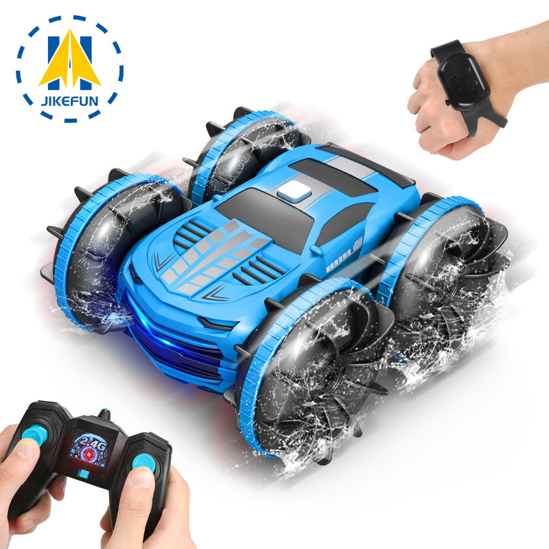 Blue 2.4G gesture stunt car being controlled with a smartwatch-style remote