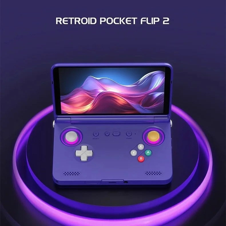 Retroid Pocket Flip2 handheld game console in purple, front view with illuminated controls