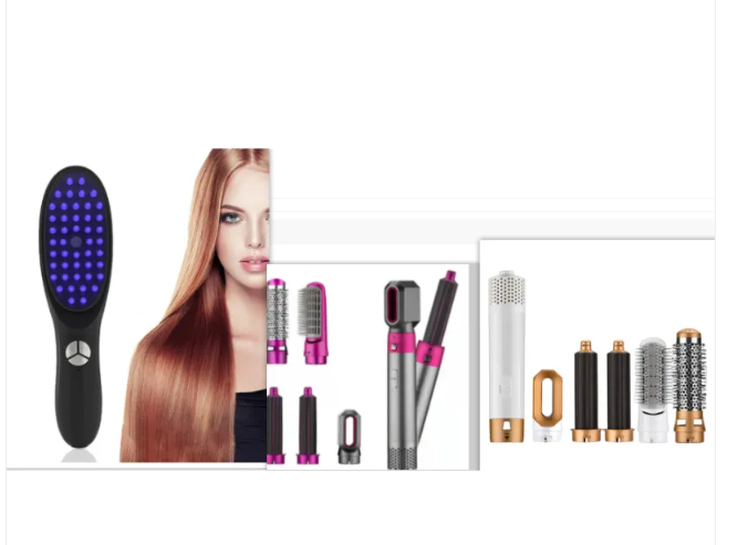 Therapeutic hair regrowth comb with purple LED dot head, shown beside hair