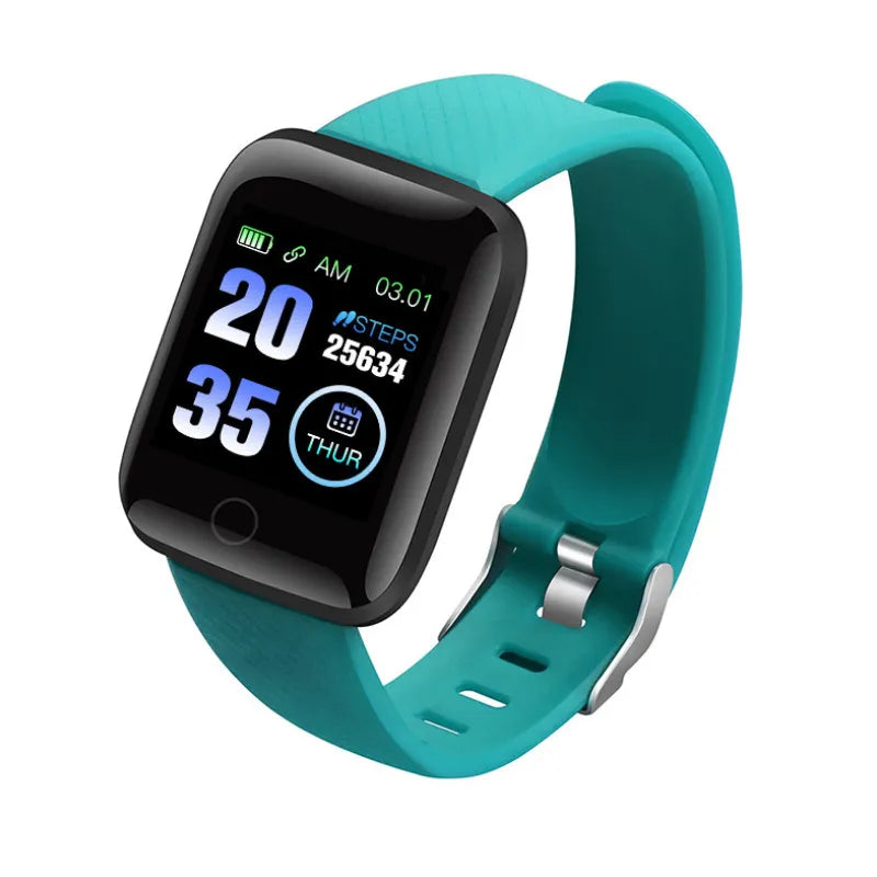 Waterproof unisex smart watch with green silicone strap and black frame, steps display