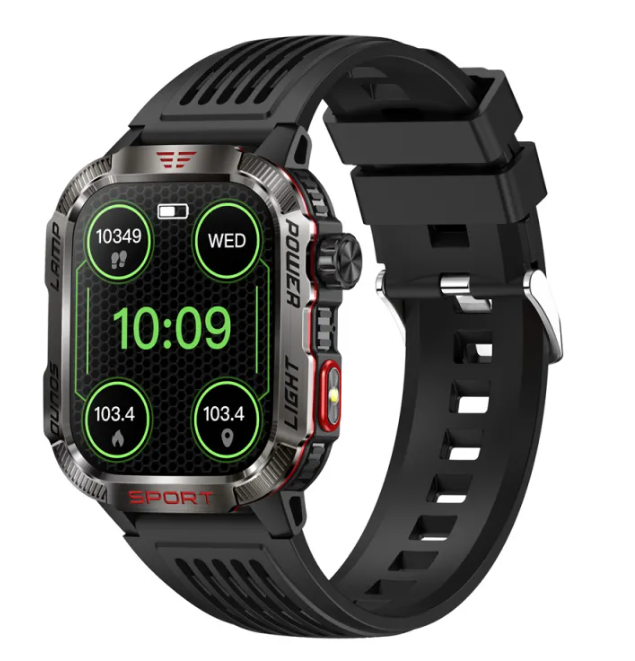 HT29 smart watch, black sport band with neon green icons and circular widgets