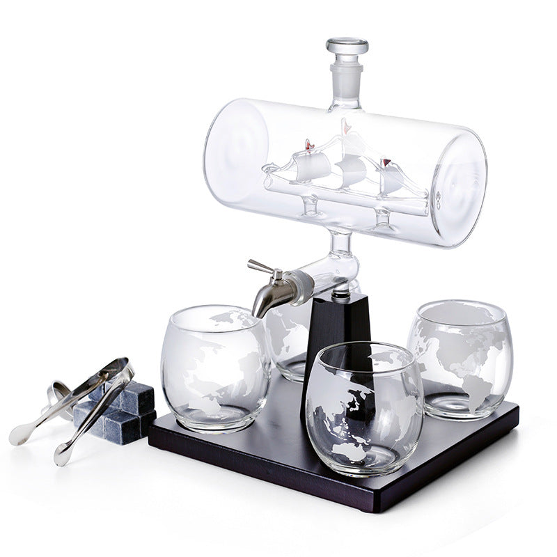 Glass sailing wine bottle container set with clear decanter, tap, and 4 globe glasses