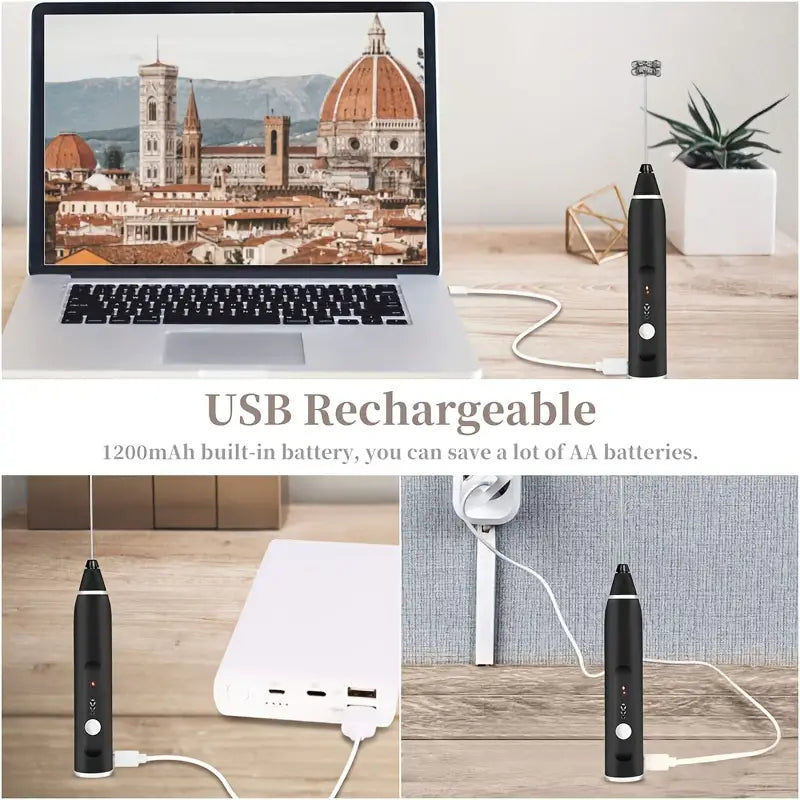 USB rechargeable milk frother charging via cable; black handle shown near laptop