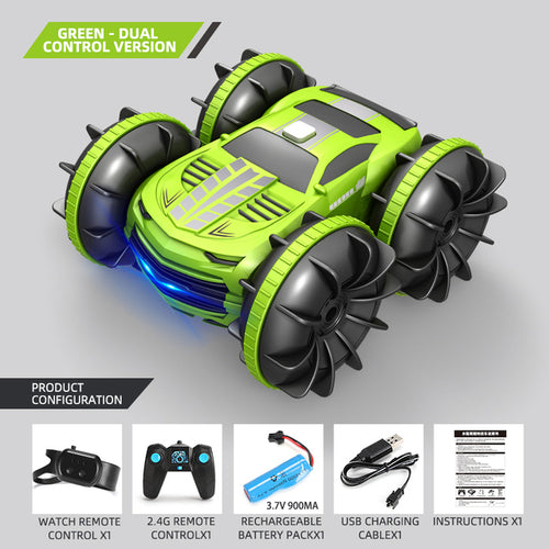 Green 2.4G dual-control stunt car with four large wheels and blue LED lights