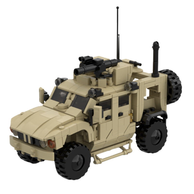 Rear 3/4 LEGO MRAP M-ATV anti-mine ambush vehicle, tan body with black turret and wheels
