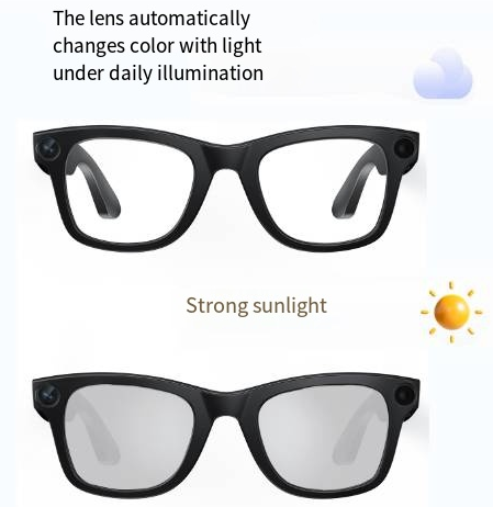 AI camera smart glasses showing lens color change from clear to tinted in light
