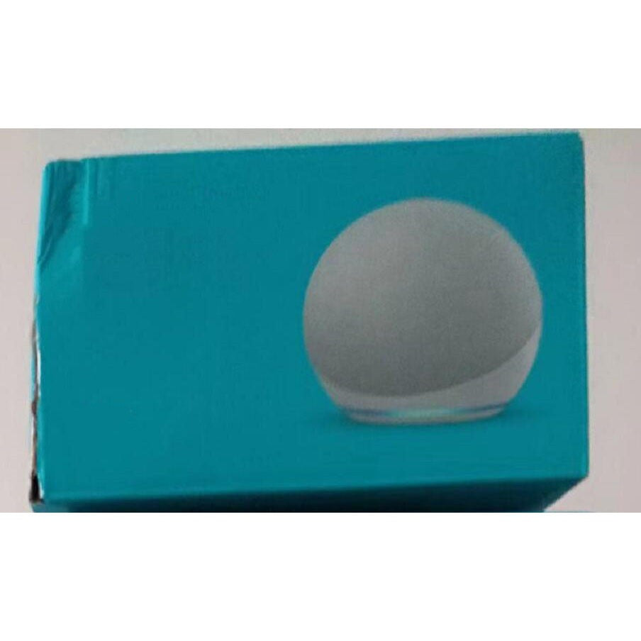 Teal box with round smart speaker top partially visible