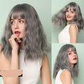 Short curly wig, ash gray with straight bangs and layered wavy hair
