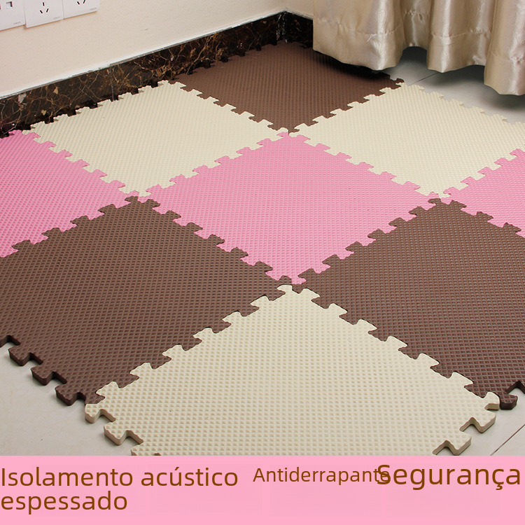 Foam puzzle floor mat in pink, cream and brown with interlocking pattern