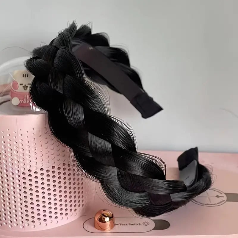 Four-strand twist braid headband in natural black woven braid