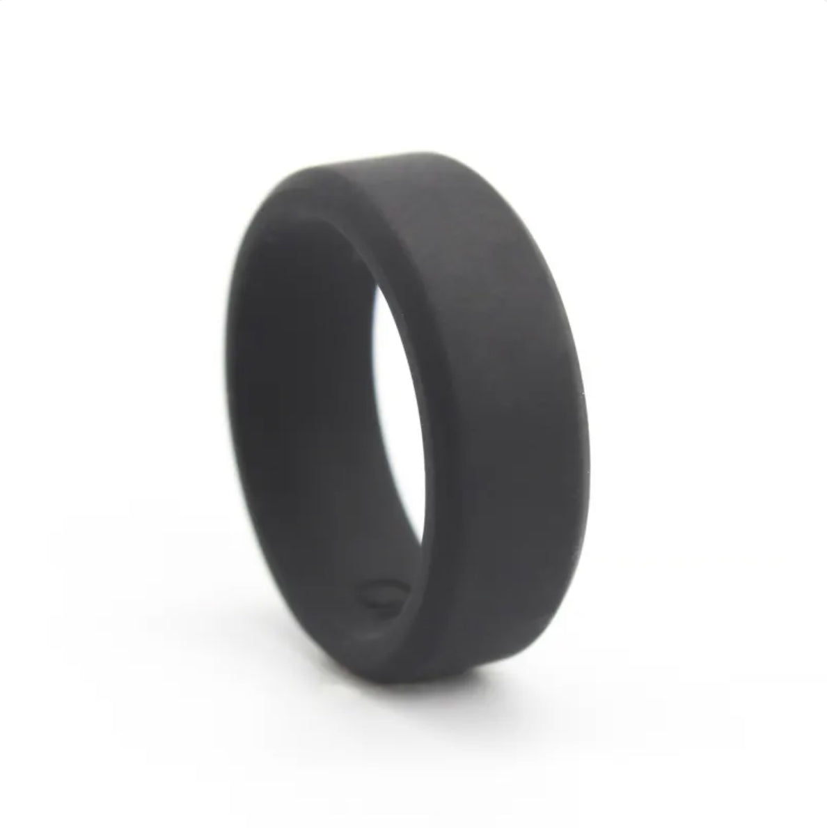 Black sports comfort band ring, slightly angled view, matte surface