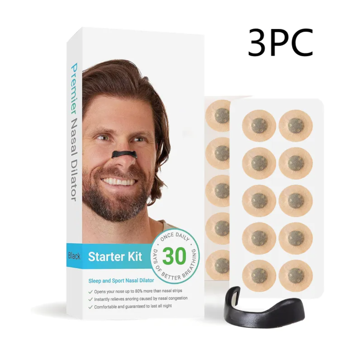 Breathe Easy Nasal Dilators black starter kit with 3pc strips and 30 nose patches
