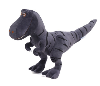 Gray plush T-Rex dinosaur toy with open mouth, orange eye dots and long tail