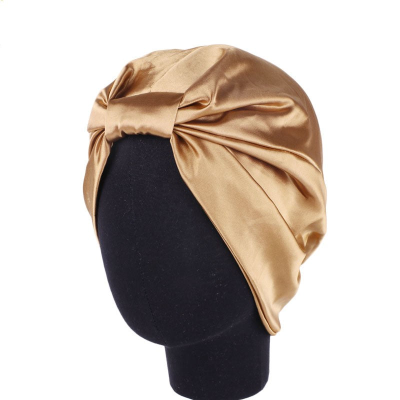 Doppellagige Satin-Schlafhaube in Goldbraun mit geknoteter/gefalteter Front