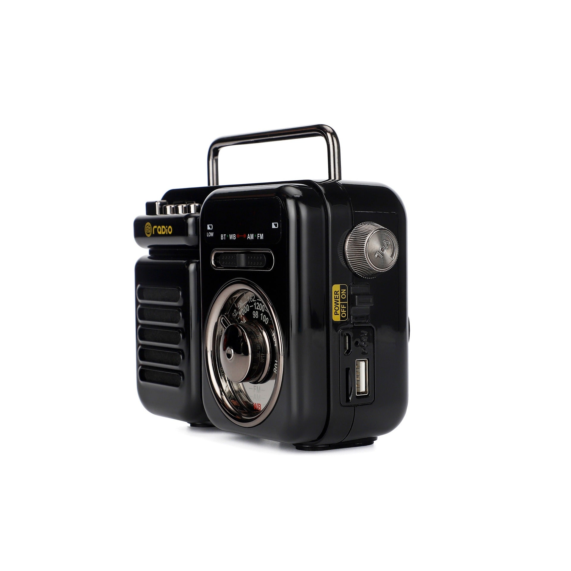 Schwarzer Retro-Solar Bluetooth-Lautsprecher mit seitlichem Regler und Anschlussbereich
