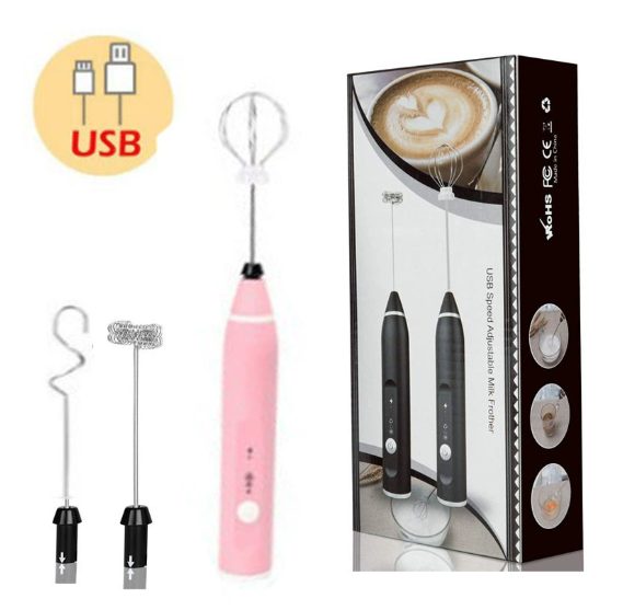 USB rechargeable milk frother set in pink with whisk attachment and two frothing heads