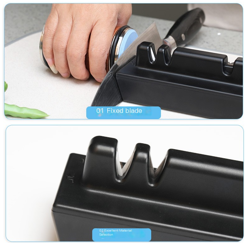 Black sharpening block close-up with fixed blade guide for knife sharpening system