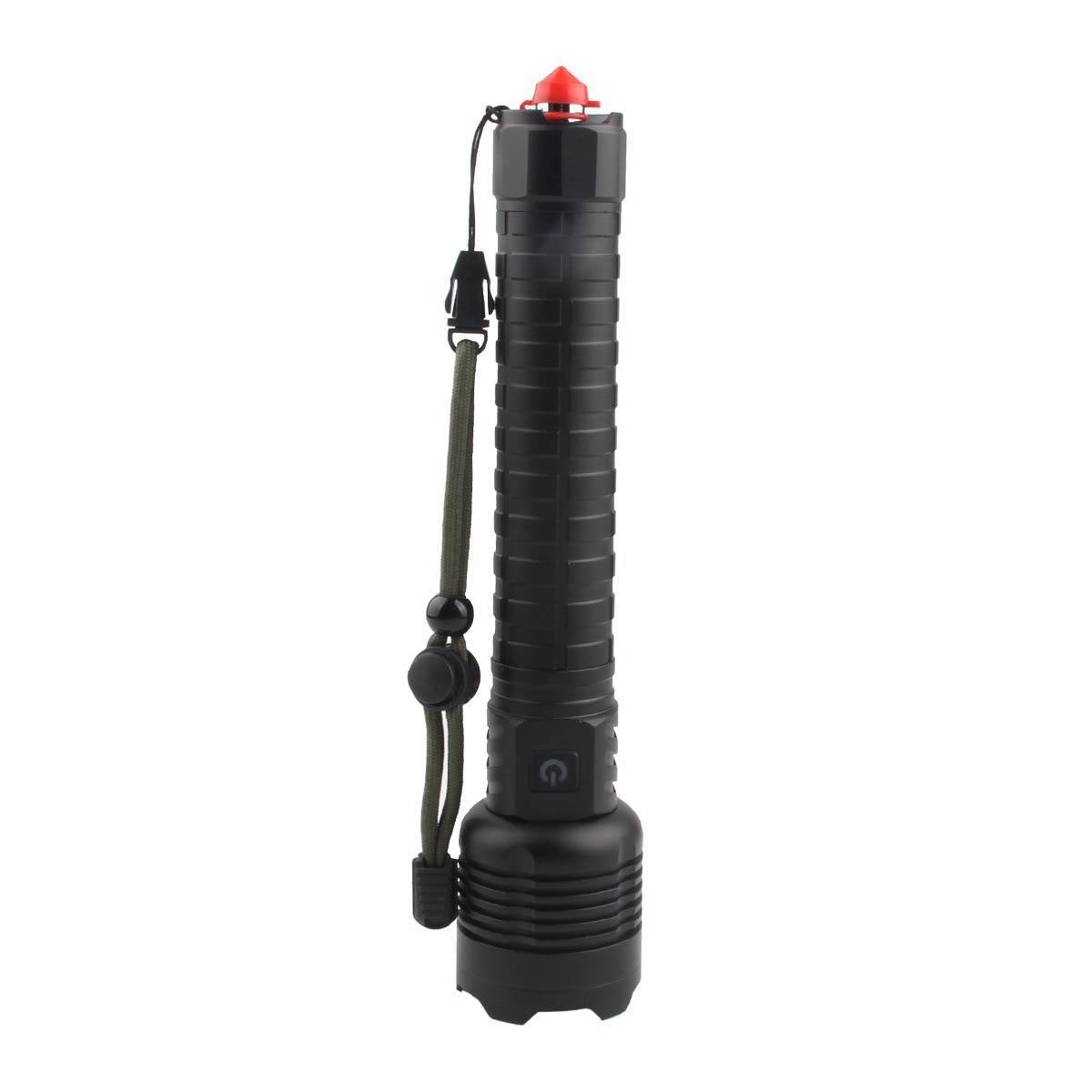 Rechargeable LED flashlight with lanyard, ribbed body, red top indicator