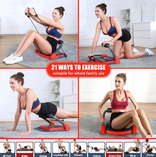 Woman using the fitness board for core exercises, seated on black platform